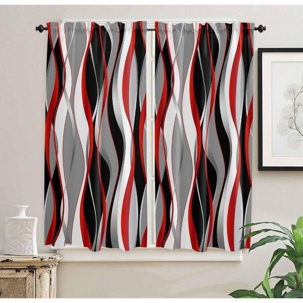 Red Ombre Tier Curtains, Black White Grey Abstract Wavy Rod Pocket Pair 27.5x36